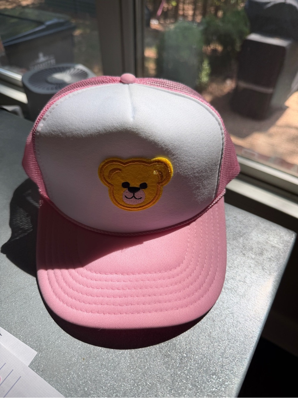 OTTO Pink and White Trucker Hat with Yellow Bear Patch